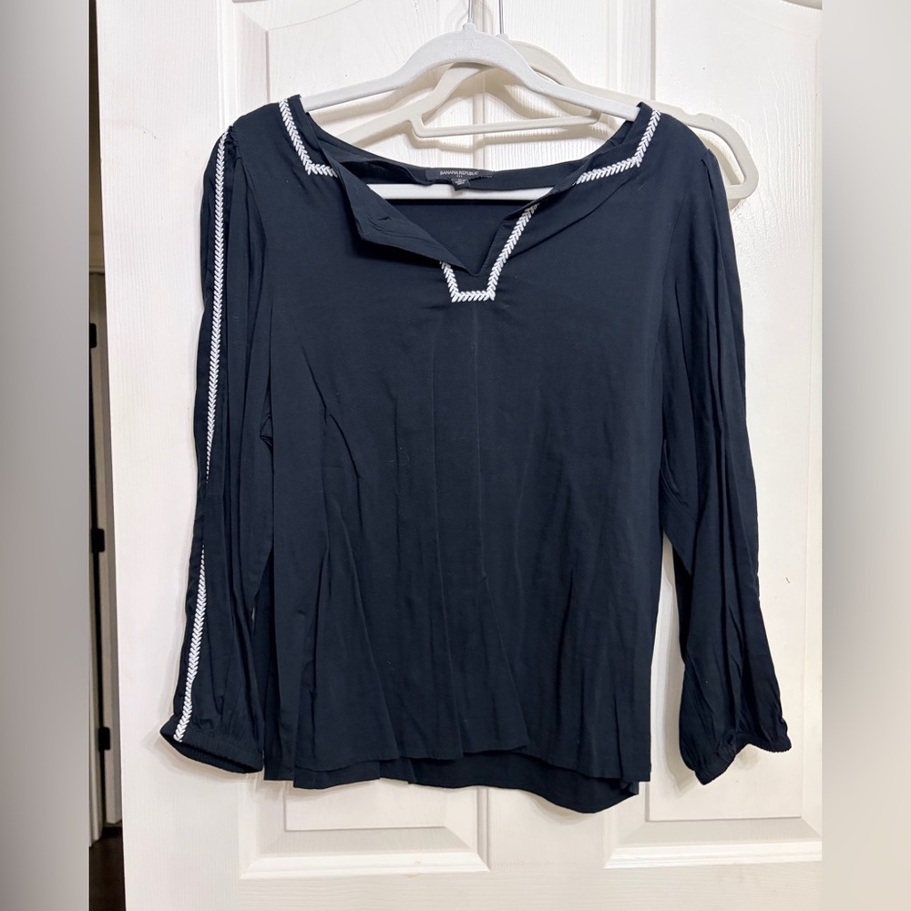 Black Embroidered Notch-Neck Women's Top